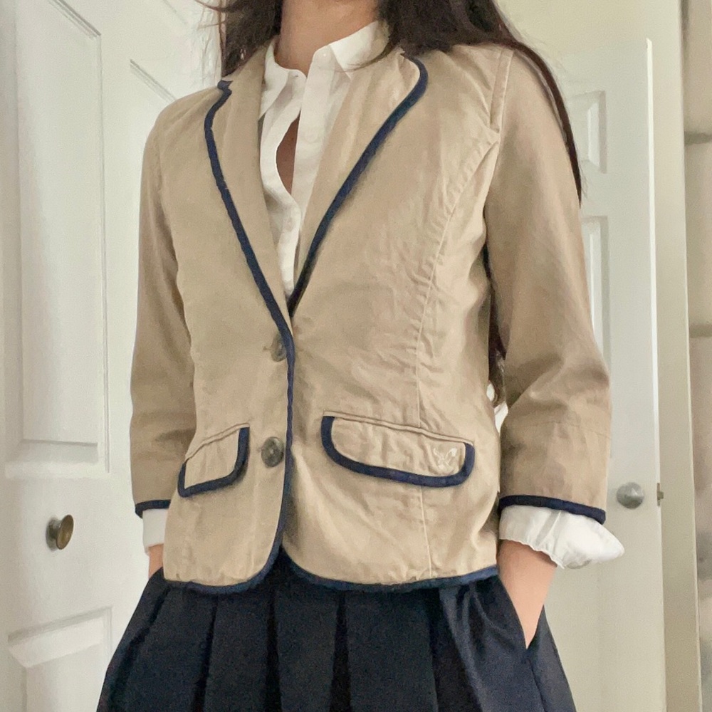 American Eagle Outfitters Schoolboy Blazer Jacket Khaki Tan with Navy Blue Trim